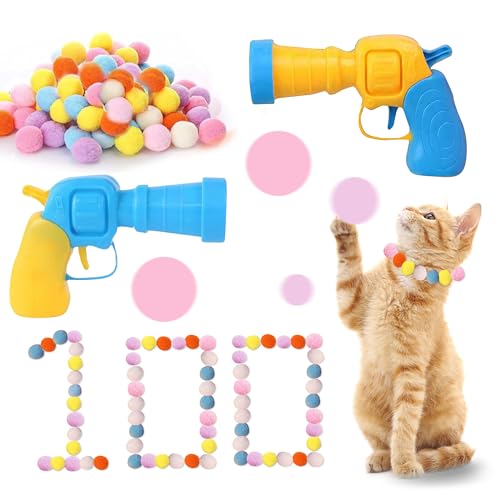 RILYSUN Ballwerfer für Katzen, 100 Stück, interaktives Spielzeug für Katzen, Bälle mit 2 Werfern und 100 Bällen, weich, bunt, Spielzeug zum Verfolgen von Katzen im Innenbereich von RILYSUN