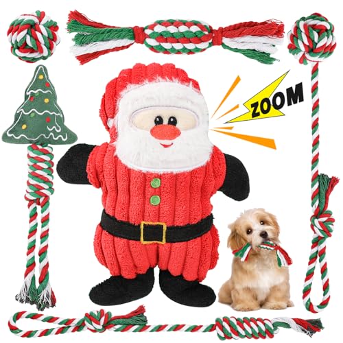 RIO Direct Hundespielzeug Weihnachten Geschenke kleine Hunde, 6 Stück Quietschendes Plüsch Hundeseil, Welpenspielzeug Kleine Welpen Waschbares Natürlicher Baumwolle und Ungiftig(Modell Weihnachtsmann) von RIO Direct