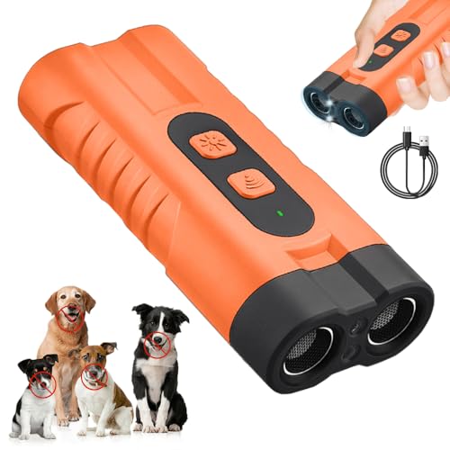 RIRIDAMAI Anti Bell Gerät Hunde, Ultraschall Hundeabwehr, Wiederaufladbar Antibell Ultraschall Gerät mit LED-Taschenlampe für Kleine Große Hunde Innen Außenbereich Hund (Oranger Doppelkopf) von RIRIDAMAI