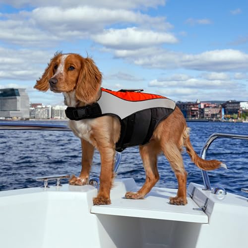RIXBEO Hundeschwimmweste, verstellbarer Schwimmmantel, hoher Schwimmer-Badeanzug für große Hunde, reflektierendes Streifen-Design, mit Rettungsgriff, Größe L von RIXBEO