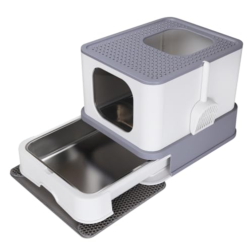 RIZZARI Geschlossene Katzentoilette mit Deckel, große, faltbare Katzentoilette mit Streuschaufel, Katzentoilette von oben für Kätzchen und große Katzen (Hellgrau, Edelstahl, groß) von RIZZARI