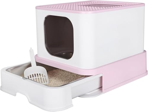 RIZZARI Geschlossene Katzentoilette mit Deckel, große faltbare Katzentoilette mit Katzentoilette mit Katzentoilette von oben für Kätzchen und große Katzen (Rosa, Edelstahl, XL) von RIZZARI
