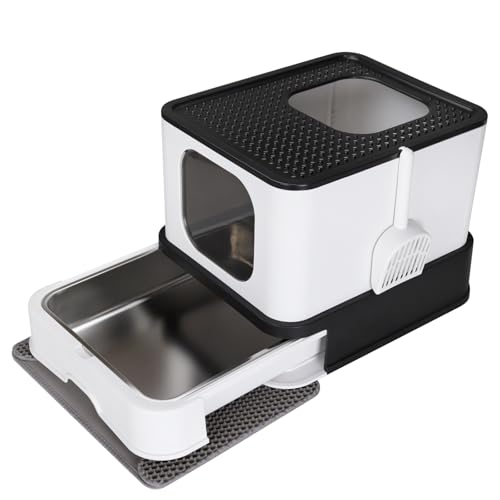 RIZZARI Geschlossene Katzentoilette mit Deckel, große faltbare Katzentoilette mit Katzentoilette mit Katzentoilette von oben für Kätzchen und große Katzen (Schwarz, Edelstahl, groß) von RIZZARI
