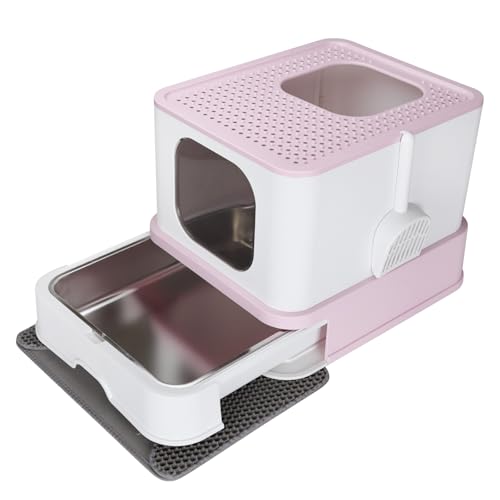 RIZZARI Geschlossene Katzentoilette mit Deckel, große faltbare Katzentoilette mit Streuschaufel, Katzentoilette von oben für Kätzchen und große Katzen (Rosa, Edelstahl, groß) von RIZZARI