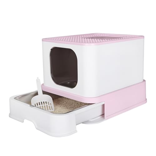 RIZZARI Katzentoilette, Faltbare Katzentoilette mit Schublade, Große Kapazität Katzentoilette mit Deckel, oben öffnende Katzentoilette für kleine bis große Katzen (Rosa-Edelstahlbecken) von RIZZARI