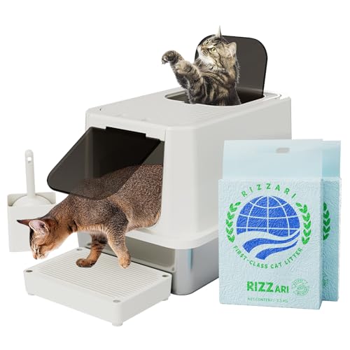RIZZARI Katzentoilette aus Edelstahl, geschlossenes Design von oben, große Kapazität, hohe Seite, auslaufsichere Katzentoilette für Katzen, leicht zu reinigende Haustiertoilette (Beige, mit RIZZARI Katzentoilette aus Edelstahl, geschlossenes Design von oben, große Kapazität, hohe Seite, auslaufsichere Katzentoilette für Katzen, leicht zu reinigende Haustiertoilette (Beige, mit von RIZZARI