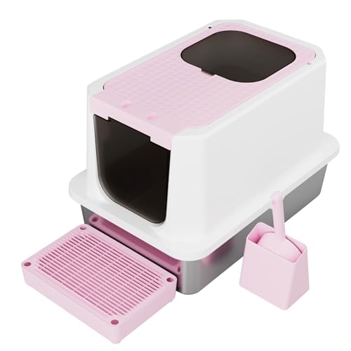 RIZZARI Katzentoilette aus Edelstahl, geschlossenes Design von oben, große Kapazität, hohe Seite, auslaufsichere Katzentoilette für Katzen, leicht zu reinigende Haustiertoilette (Rosa) von RIZZARI