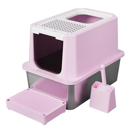 RIZZARI Katzentoilette aus Edelstahl, halbgeschlossene Katzentoilette mit erhöhten Kanten, auslaufsicher und geruchlos, große Katzentoilette für kleine bis große Katzen (Rosa, Boutique) von RIZZARI