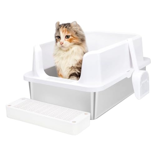 RIZZARI Katzentoilette aus Edelstahl, halbgeschlossene Katzentoilette mit erhöhten Kanten, auslaufsicher & geruchlos, leicht zu reinigen, große Katzentoilette für kleine bis große Katzen (Weiß) von RIZZARI