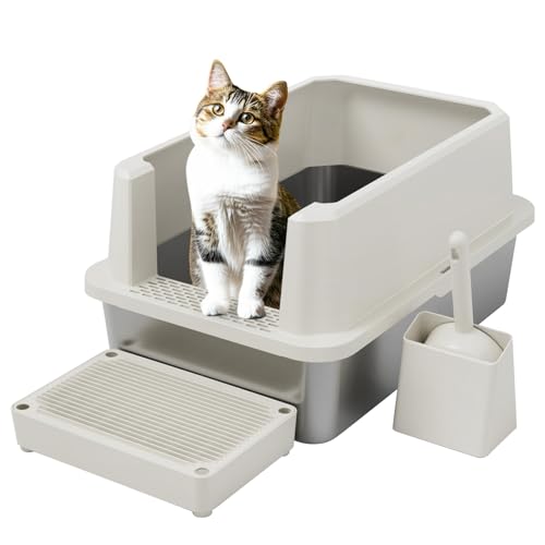 RIZZARI Katzentoilette aus Edelstahl, halbgeschlossene Katzentoilette mit hohen Kanten, große geruchlose Katzentoilette mit für kleine bis große Katzen (Beige, 1 Pack) von RIZZARI