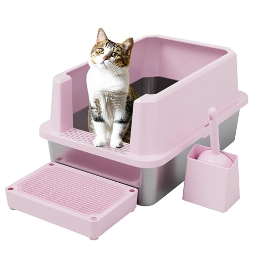 RIZZARI Katzentoilette aus Edelstahl, halbgeschlossene Katzentoilette mit hohen Kanten, große geruchlose Katzentoilette mit für kleine bis große Katzen (Rosa, 1 Pack) von RIZZARI