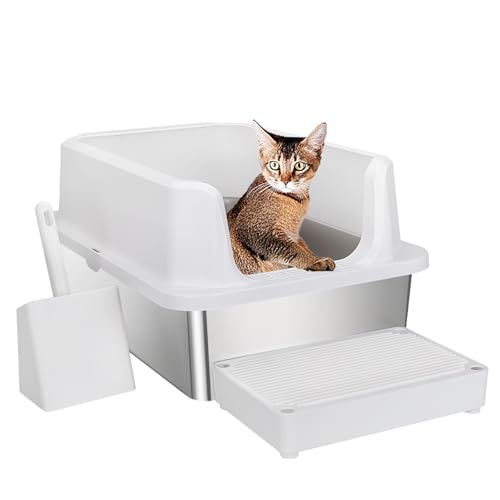 RIZZARI Katzentoilette aus Edelstahl, halbgeschlossene Katzentoilette mit oberen Löchern, große Katzentoilette für kleine bis große Katzen (weiß, 60,5 cm L x 40,6 cm B x 30,5 cm H) von RIZZARI