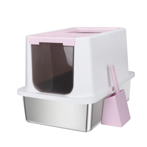 RIZZARI Katzentoilette aus Edelstahl mit Deckel, extra große Katzentoilette, Katzentoilette von oben mit erhöhten Kanten, geruchlos und einfach zu installieren (Pink, Basic) von RIZZARI