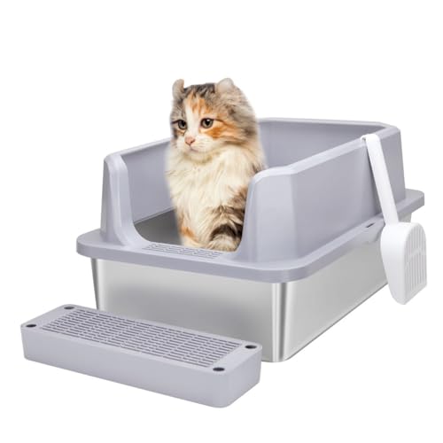 RIZZARI Katzentoilette aus Edelstahl mit erhöhten Kanten, auslaufsicher und geruchlos, leicht zu reinigen, große Katzentoilette für kleine bis große Katzen (Hellgrau) von RIZZARI