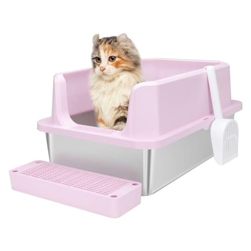 RIZZARI Katzentoilette aus Edelstahl mit erhöhten Kanten, auslaufsicher und geruchlos, leicht zu reinigen, große Katzentoilette für kleine bis große Katzen (Rosa) von RIZZARI