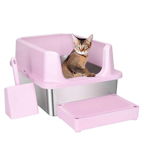 RIZZARI Katzentoilette aus Edelstahl, halbgeschlossene Katzentoilette mit Löchern oben, große Katzentoilette für kleine bis große Katzen (Hellrosa, 60,5 cm L x 40,6 cm B x 30,5 cm H) von RIZZARI
