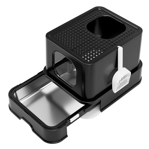 RIZZARI Katzentoilette aus Edelstahl: großes auslaufsicheres geruchsfreies Design - XL All Black - für Indoor-Katzen Haustierbesitzer Lösung von RIZZARI