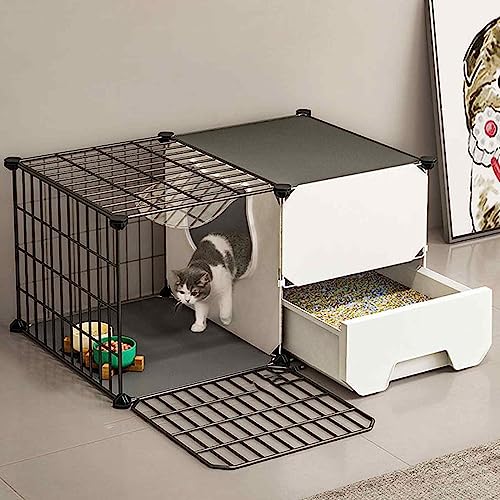 Katzenkäfig mit Katzentoilette, Katzenspielgehege für den Innenbereich, Katzenstreugehege, Metall und ABS-Kunststoff, geruchshemmend, leicht zu reinigen, einfach zu montieren von RKJDMSWJ