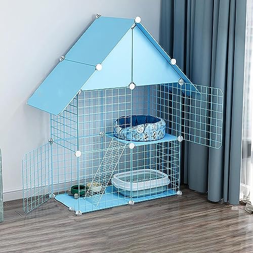 Kleintier-Laufgitter, Katzenkäfig auf 2 Etagen – Katzenkäfig – Haustierprodukte, Katzenhaus mit 3 Ebenen, ideal für 1–4 Katzen, Blau (Farbe: C1-75 x 39 x 110 cm) von RKJDMSWJ