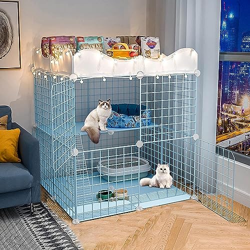 Kleintier-Laufgitter, Katzenkäfig auf 2 Etagen – Katzenkäfig – Haustierprodukte, Katzenhaus mit 3 Ebenen, ideal für 1–4 Katzen, Blau (Farbe: C4-75 x 75 x 84 cm) von RKJDMSWJ