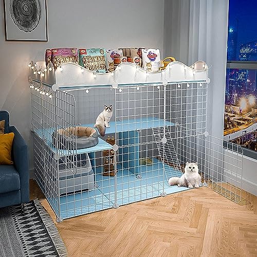 Kleintier-Laufgitter, Katzenkäfig auf 2 Etagen – Katzenkäfig – Haustierprodukte, Katzenhaus mit 3 Ebenen, ideal für 1–4 Katzen, Blau (Farbe: C5-111 x 75 x 83 cm) von RKJDMSWJ