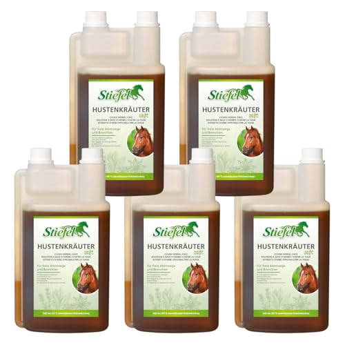 RL24 Stiefel - Hustenkräutersaft | Hustensaft für Pferde | 100% naturbelassen | Kräutermischung mit Spitzwegerich, Brennnessel, Salbei & u.v.m. | ohne Zuckerzusatz | 5 x 1000 ml Flasche (5er Set) von RL24