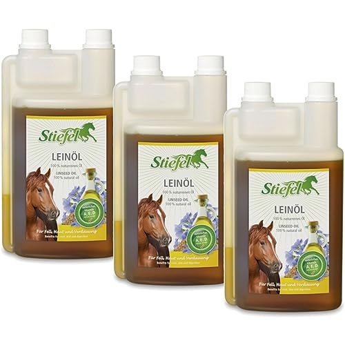 RL24 Stiefel - Leinöl für Pferde | kaltgepresst & reich an Omega-3-Fettsäuren | Pferde Leinsamenöl | reines Naturprodukt mit Vitamin A, D & E | Pferde Zusatzfutter | 3 x 1000 ml Flasche (3er Set) von RL24