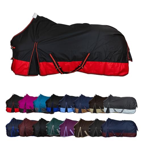 RL24 - Weidedecke 600D Basicline – Regendecke & Übergangsdecke – Wind- & wasserdichte Outdoordecke mit Innenfutter & Kreuzbegurtung – Pferdedecke in Schwarz/Rot – 165cm (Polarfleecefutter) von RL24