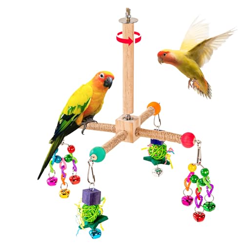 RLRICH Vogel-Sitzstange Spielzeug für Papageienkäfig – Naturholz mit rutschfestem Hanfseil, um 360° drehbare Äste, Vogelspielzeug für Sittiche, Nymphensittiche, Lovebirds, Quäker von RLRICH