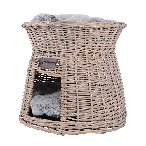 Katzenkörbchen als Katzenturm aus Rattan in Grau mit weichem Kissen Katzenkörbchen als Katzenturm aus Rattan in Grau mit weichem Kissen von UNUS