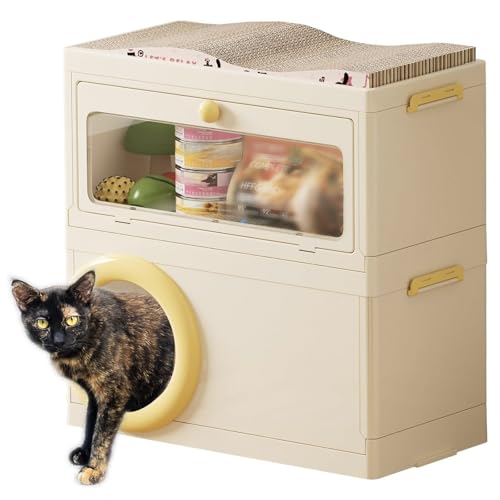 RMAN Aufbewahrungsbox mit Katzenbett Höhle und Kratzbrett Faltbare Multifunktional 3 in 1 Boxen Für Katzen Kiste für Haustierzubehör, Katzensnacks, Katzenstreu, Katzenfutter, Gelb von RMAN