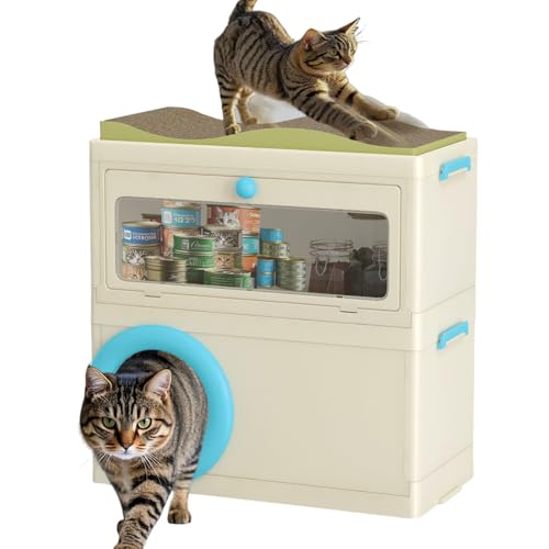 RMAN Aufbewahrungsbox mit Deckel 3 in 1 Für Katzen mit Katzenbett Höhle und Kratzbrett Multifunktional Faltbare Schließfachschrank Haustierzubehör für Katzensnacks, Katzenstreu, Katzenfutter (Blau) von RMAN