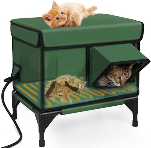 Beheiztes Katzenhaus, isoliertes Katzenhaus mit Heizkissen for den Außenbereich, wetter- und winddichter Katzenunterstand, 9-stufige Temperatur, erhöhter Boden, Fluchttür, ideal for streunende/wilde K von RMJEZTQD