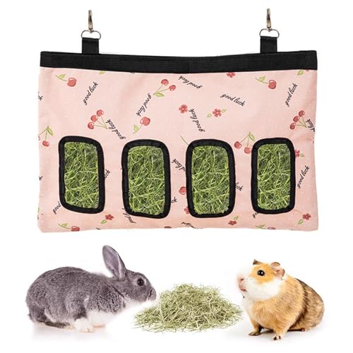 Kaninchen-Heu-Futtertasche, großes Fassungsvermögen, für Kleintiere, zum Aufhängen, 600D-Oxford-Stoff, für Kaninchen, Meerschweinchen, Chinchillas, 45,7 x 30,6 cm, 4 Löcher (Rosa) von RMNHPTK
