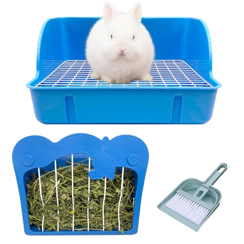 RMNHPTK Kaninchentoilette mit Heu Futterstation Kaninchenkäfig Zubehör Kleintiere Töpfchen Heu Spender Reinigungsset für Kaninchen Hasen Meerschweinchen Chinchillas (Blau) von RMNHPTK