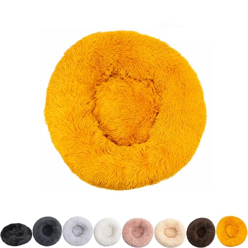 ROADDPMATE Anti-Angst-Hundebett, beruhigendes Haustierbett, warm, flauschig, Plüsch, Donut-Hundebett, waschbar (Gelb, Größe S (50 cm) von ROADDPMATE