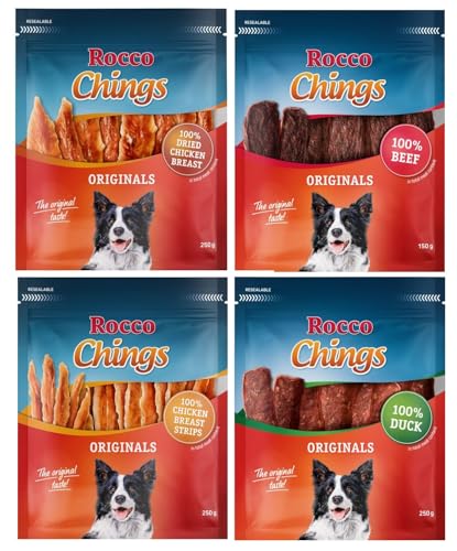 Gemischtes Probierpaket Rocco Chings Originals | Hundesnack | Hühnerbrust Streifen & getrocknet, Entenbrust, Rind | 900 g von ROCCO