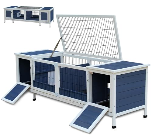 Kaninchenstall für den Innenbereich, auslaufsicher, Hasenkäfig, Tannenholz, Outdoor, Hasenhaus mit Drahtboden, auslaufsichere Kunststoffwanne (Blau) von ROCKEVER