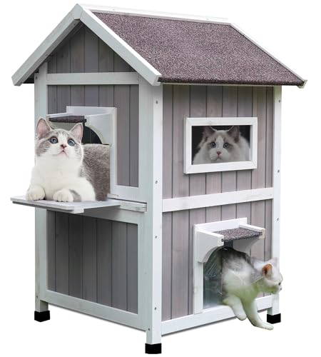 Feral Katzenhaus für den Außenbereich, mit Fluchttür, regenfest, für außen, zweistöckig, für DREI bis Vier Katzen von ROCKEVER