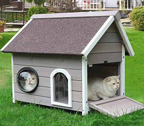 Rockever Katzenhaus Outdoor Feral Katzenhaus Outdoor Wetterfest mit Fluchttür und klaren Fenstern für 2 Katzen (Grau Rockever Katzenhaus Outdoor Feral Katzenhaus Outdoor Wetterfest mit Fluchttür und klaren Fenstern für 2 Katzen (Grau von ROCKEVER