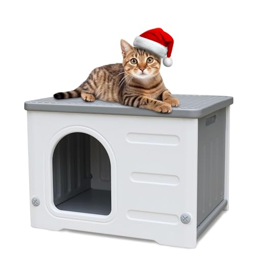 Rockever Katzenhaus aus Kunststoff, wasserdicht, Feral Katzenhaus Outdoor Indoor, Stabiles Katzenhaus für Katzen im Freien, Grau Rockever Katzenhaus aus Kunststoff, wasserdicht, Feral Katzenhaus Outdoor Indoor, Stabiles Katzenhaus für Katzen im Freien, Grau von ROCKEVER