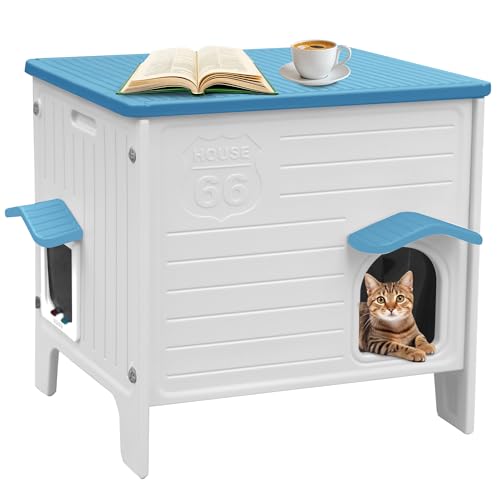 Rockever Katzenhaus aus Kunststoff, wasserdichtes Katzenhaus für Outdoor-Katzen mit Fluchttür, stabiles Feral-Katzenhaus für Drinnen, geräumig und leicht zu reinigen (Blau) von ROCKEVER