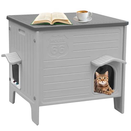 Rockever Katzenhaus aus Kunststoff, wasserdichtes Katzenhaus für Outdoor-Katzen mit Fluchttür, stabiles Feral-Katzenhaus für Drinnen, geräumig und leicht zu reinigen (Grau) von ROCKEVER