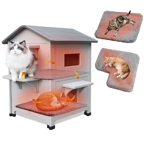 Rockever Katzenhaus aus Kunststoff für den Außenbereich mit weicher Matte, isolierte Katzenhäuser für den Außenbereich, wasserdicht, 2-stöckig, Katzenhaus für draußen, einfach zu reinigen und von ROCKEVER