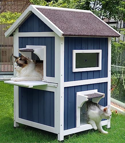 Rockever Katzenhaus für draußen, 2-stöckig, für wilde Katzen, aus Holz, wetterfest, mit Fluchttür von ROCKEVER