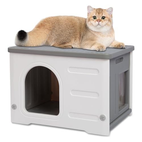Rockever Katzenhaus aus Kunststoff im Freien mit Fluchttür, wasserdichtes Feral-Katzenhaus für Draußen, stabiles Katzenhaus für Katzen im Freien, leicht zu montieren, Grau Rockever Katzenhaus aus Kunststoff im Freien mit Fluchttür, wasserdichtes Feral-Katzenhaus für Draußen, stabiles Katzenhaus für Katzen im Freien, leicht zu montieren, Grau von ROCKEVER
