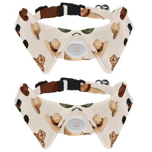 2 Packungen Western-Katzenhalsband mit Cowboy-Kappen-Muster, beigefarbener Hintergrund, mit Fliegen, verstellbares Hundehalsband, niedliche Haustier-Fliege für kleine, mittelgroße Hunde, Katzen von RODAILYCAY