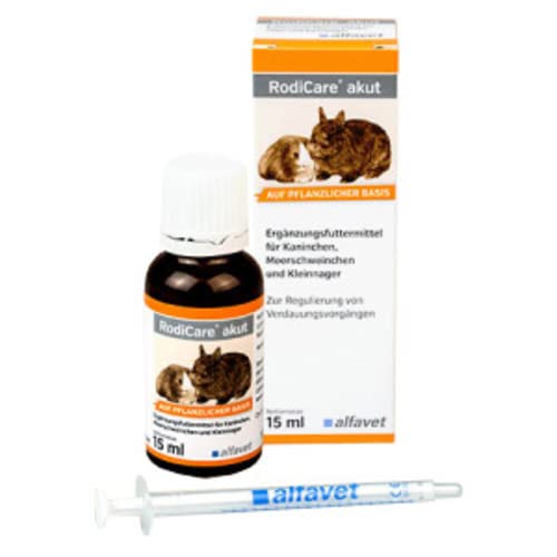 alfavet RodiCare akut | 15 ml | Ergänzungsfuttermittel für Kaninchen, Meerschweinchen und Kleinnager | Zur Regulierung von Verdauungsvorgängen | 15ml Glasflasche mit Dosierspritze von RODICARE
