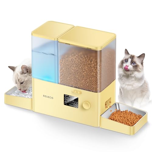 Rojeco Automatischer Futterspender für Katzen, 8,5 l, Schwerkraft-Wasserspender, Gelb von ROJECO