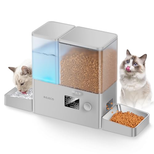 Rojeco Automatischer Futterspender für Katzen, 8,5 l, Schwerkraft-Wasserspender, Grau von ROJECO